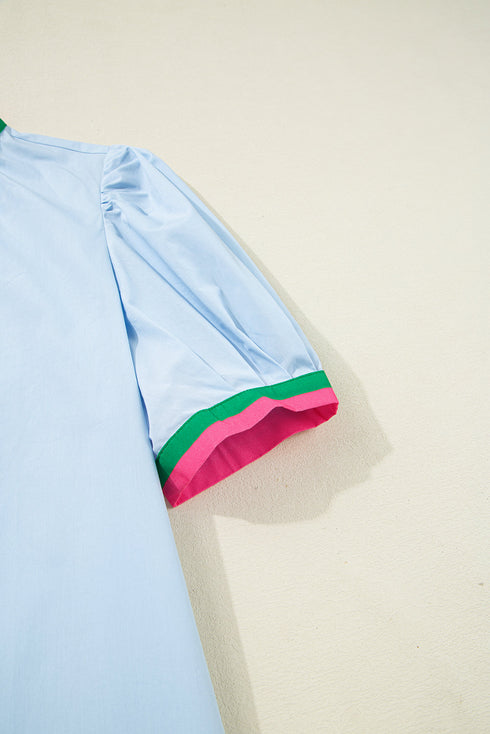 Chic Contrast Stripe Puff Sleeve Notched Neck Cotton Shift Dress
